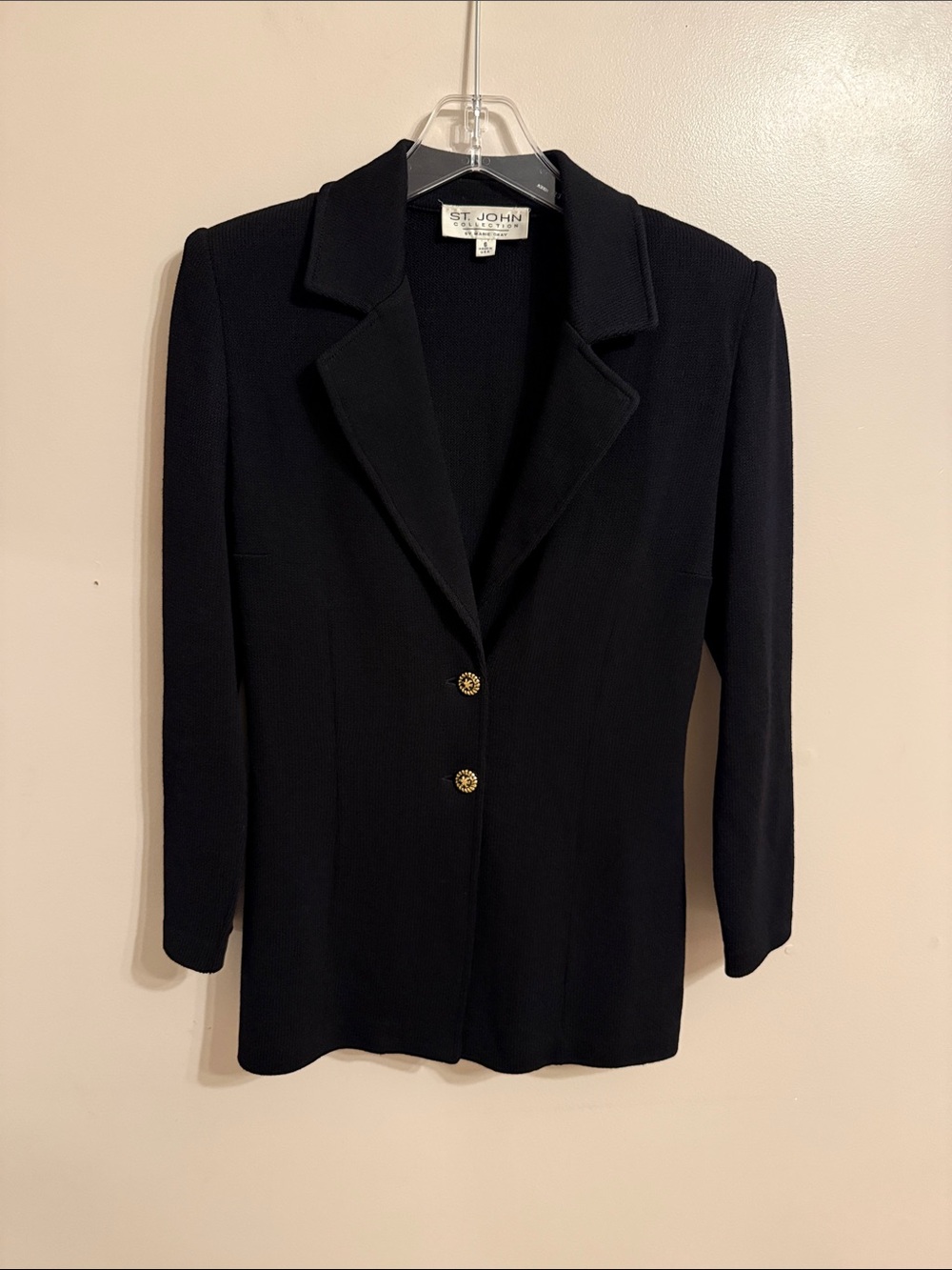 St. John Collection Blazer Santana Knit Gold Button USA Lace Up Back Old Money